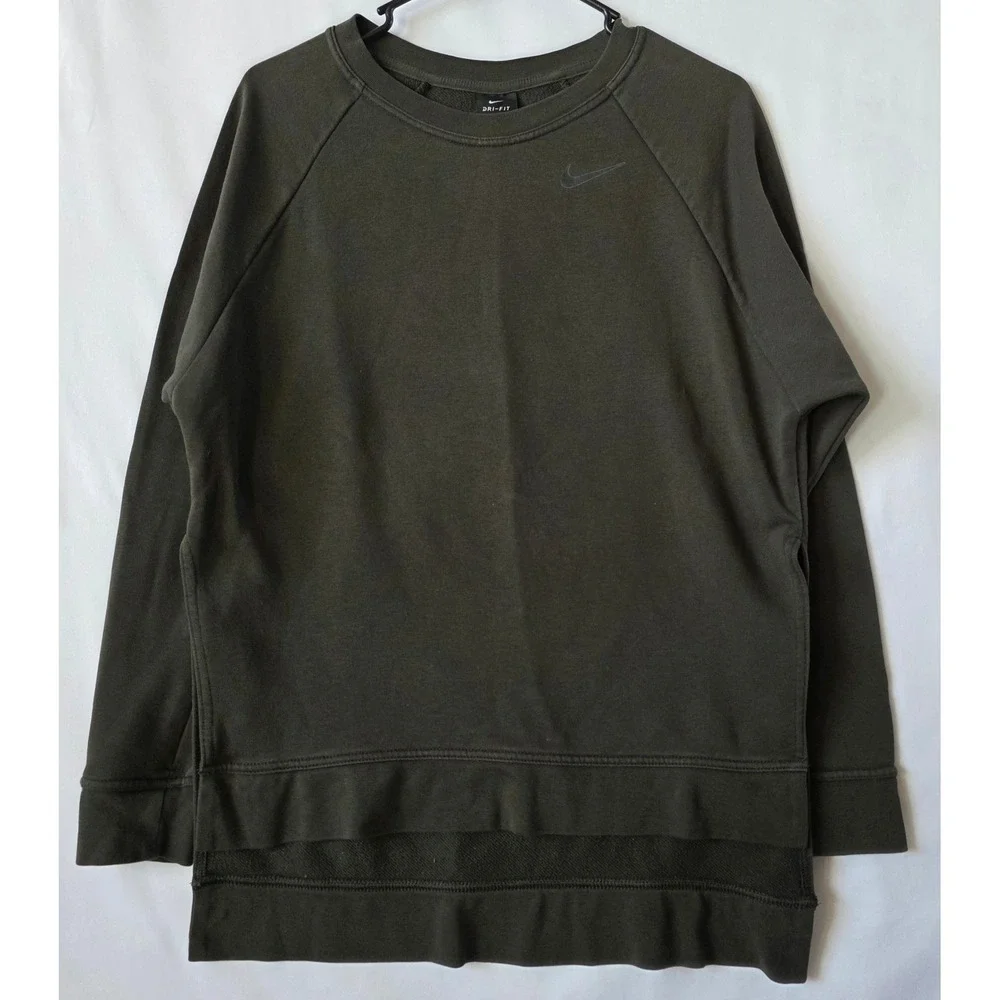 Nike Dri-FIT Womens XS Olive Green Raglan Sweatshirt High Low Hem Side Slit